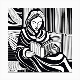 Reading A Book Linocut Black And White Painting, 325 Canvas Print