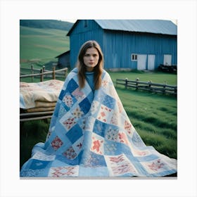 A Young Woman Wrapped In A Blue Patchwork Quilt Sits Outdoors, A Blue Barn And Green Field In The Background Canvas Print