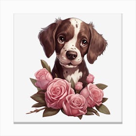 Puppy With Roses 1 Canvas Print