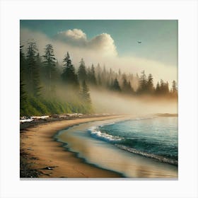 A Serene Beach With Mist On The Shoreline And Forest AI Canvas Print