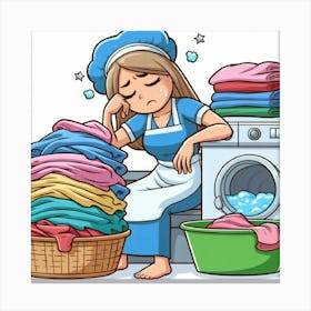 Cartoon Woman Washing Clothes Canvas Print