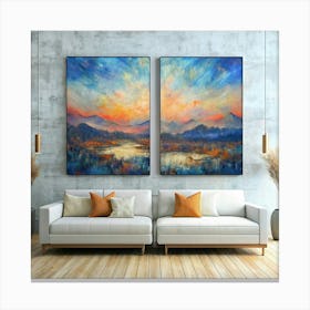 Pair Of Paintings Of Mountains And Lake 1 Canvas Print