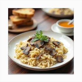 Watercolor Image Of A Rich And Creamy Mushroom Risotto On A Cozy Restaurant Table Canvas Print