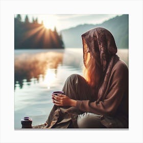 Woman Sitting By The Lake Canvas Print