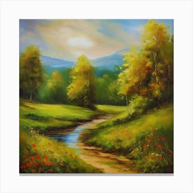 Landscape With Red Poppies.Canada's forests. Dirt path. Spring flowers. Forest trees. Artwork. Oil on canvas. Canvas Print