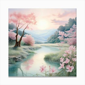 Watercolor Landscape With Shades Of Blush Pink Pale Blue And Mint Green Canvas Print