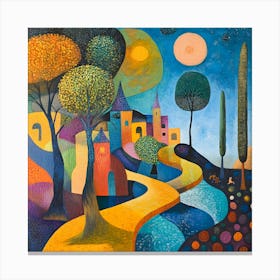 Whimsical Village Landscape Art Canvas Print