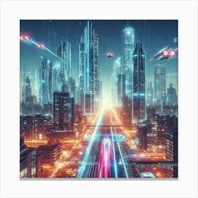 A futuristic cityscape with flying cars3 Canvas Print