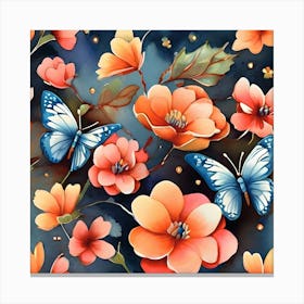 Blue And Orange Flowers With Butterflies Canvas Print