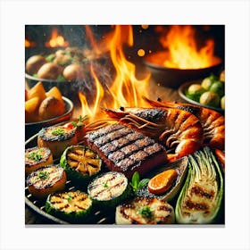 A Close Up Of Flame Kissed Dishes, Including Seare Canvas Print