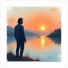 Watercolor Painting Of Keanu Reeves Standing By A Calm Lake At Sunset Canvas Print