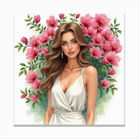 A Watercolor Painting Of A Lovely Greek Woman With A Backdrop Of Blooming Bougainvillea 1 Canvas Print