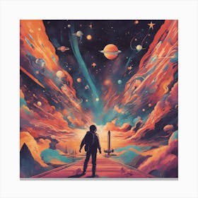 A Retro Style People Space, With Colorful Exhaust Flames And Stars In The Background Canvas Print