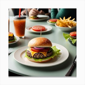 Burgers And Fries In A Restaurant Canvas Print