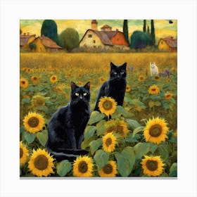 Gustav Klimt Inspired , Farm Garden With Sunflowers And A Black Cat 1 Canvas Print