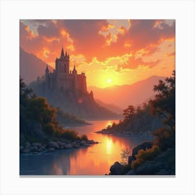 Serene Watercolor Sunset Over Glowing Castle Ruins 1 Canvas Print