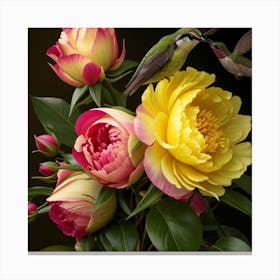 Peonies And Hummingbirds Canvas Print