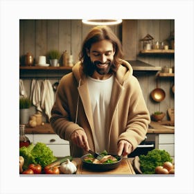 Jesus cooking a meal in a cozy modern kitchen 5 Canvas Print