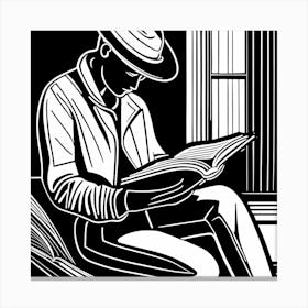 Reading A Book Linocut Black And White Painting, 316 Canvas Print