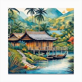 Asian House By The River Canvas Print