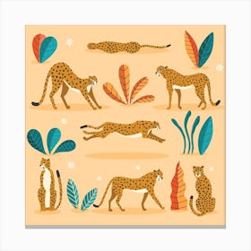 Cheetahs And Florals And Flowers On Beige Square Canvas Print