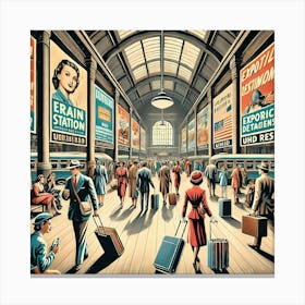 1950s Bustling Train Station With Travellers Canvas Print