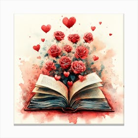 Watercolor Romantic Book Roses Hearts 6 Canvas Print