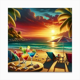 Tropical Beach With Cocktails Canvas Print