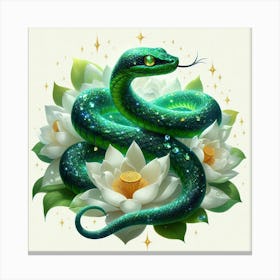 Green Snake On Lotus Canvas Print