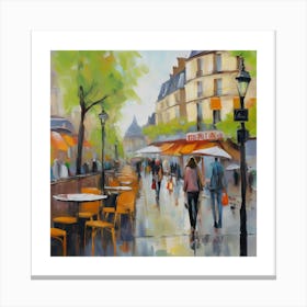 Paris Street Scene Paris city, pedestrians, cafes, oil paints, spring colors. Canvas Print