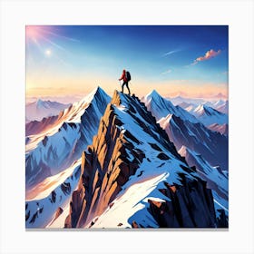 Mountaineer Standing On Top Of Mountain Canvas Print