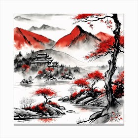 Chinese Landscape Mountains Ink Painting (79) Canvas Print