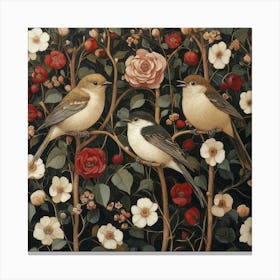 Three Birds In A Rose Garden Art Canvas Print