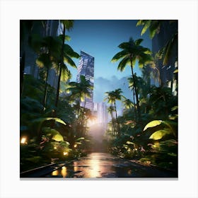 A Realistic Rain Forest With A Beautiful City Inside Some Tropical Birds And Palm Trees Canvas Print