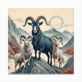 Three Goats On The Mountain, Blue, Gray And White Canvas Print