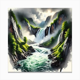 Majestic Waterfall Cascading Through A Mountain Gorge Canvas Print