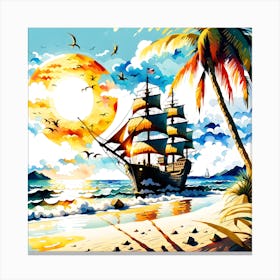 Beach With Palm Trees And A Hyper Realistic Bright Sun Canvas Print