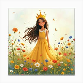 Radiant Young Queen Amidst A Watercolor Meadow Of Vibrant, Wildflowers Canvas Print