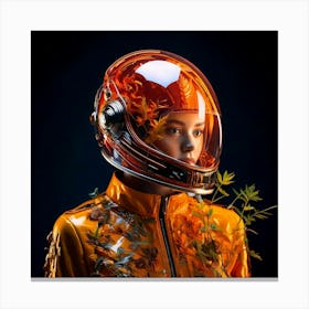 Firefly Striking Portrait, Futuristic Helmet, Glowing Plant, Vibrant, Bright Orange, Dark Background (11) Canvas Print