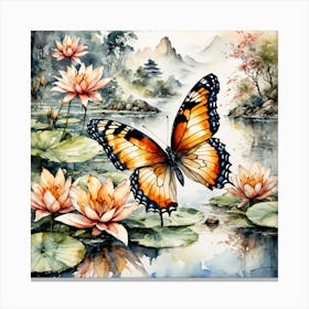 Watercolour Butterflies over Lilly Pond II Canvas Print