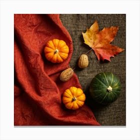 Autumnal Still Life Digital Painting Featuring Maple Leaf And Squash Placed Against Fabric Simulatin Canvas Print