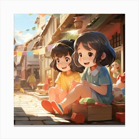Two Girls In A City Anime Canvas Print