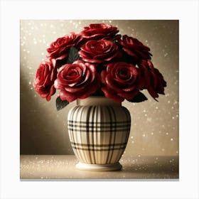 Red Roses In A Cream Plaid Vase Canvas Print