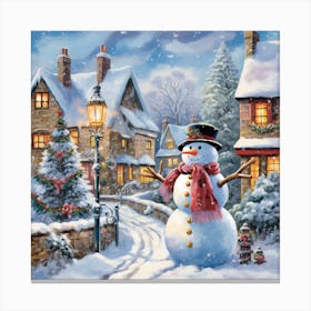Snowman In The Village Canvas Print