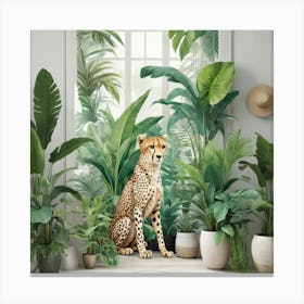 Indoor Tropical Plant Jungle With Cheetah Art Print 2 Canvas Print