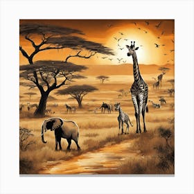 Giraffes And Elephants Canvas Print