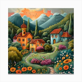 Village In The Mountains, Naive, Whimsical, Folk Canvas Print