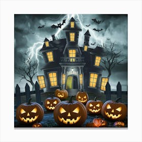 A Spooky Halloween Scene With A Haunted Mansion Canvas Print