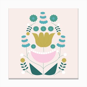 Mustard Pink And Green Retro Flower Composition 2 Canvas Print