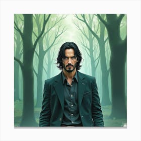 Watercolor Portrait Of Keanu Reeves In A Misty Forest, Soft Hues Of Green And Blue 1 Canvas Print